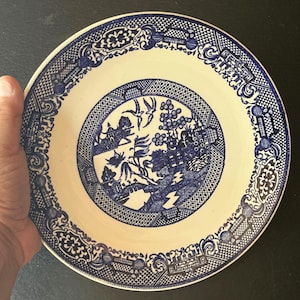 May include: A round, cream-colored plate with a blue Willow pattern design. The plate features a central scene with a bridge, birds, and foliage, surrounded by a detailed border. The plate is held by a hand.
