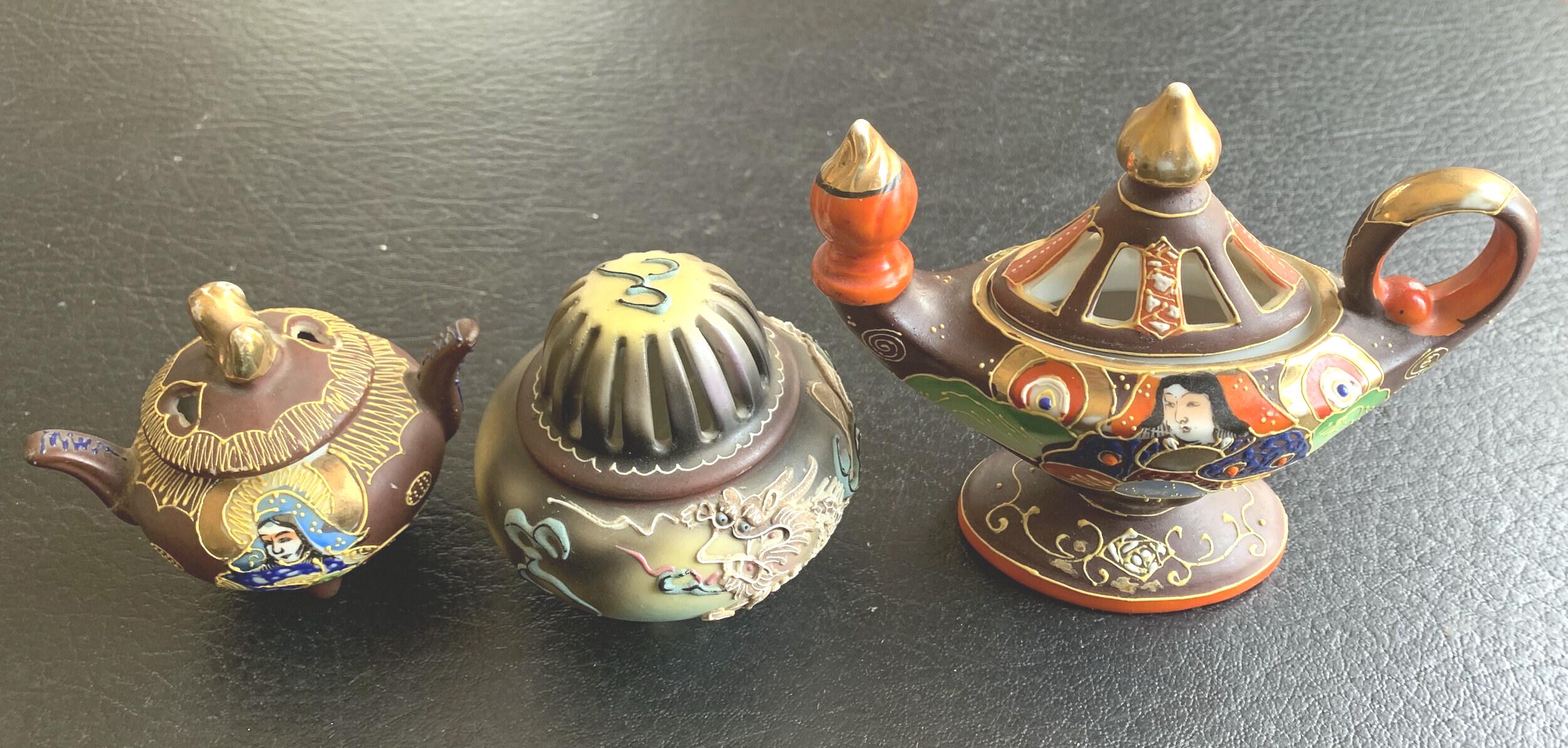 Incense Burners Three Lidded Xtra Special Made in Japan Old Highly Decorated Ceramic Altar L24
