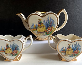 Crinoline Lady Teapot Lingards and Webster Vintage with Sugar and Creamer  GCL