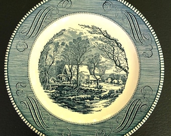 Vintage Currier & Ives Platter Blue And White Currier and Ives Dinner Plates 10” The Old Grist Mill