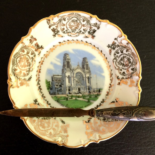 Souvenir Ceramic Wall Plate Quebec and Letter opener Sainte-Anne-de-Beaupré old Silver Plate Hollow Ware Brass Blade HT238