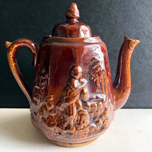 Antique Brown Ceramic Glaze Stoneware Tea Coffee Pot Pottery Embossed Rebekah at the Well