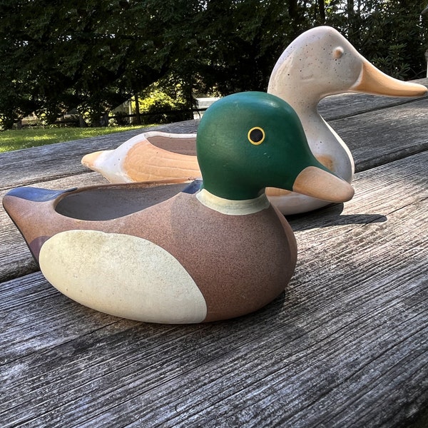 Two Pottery Duck Planters One Stamped Hecho en Mexico and the Other Drake is a Good Companion