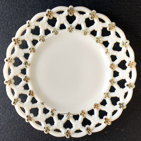 Milk Glass Reticulated Edge 7 1/4  Plate Painted Gold Flowers