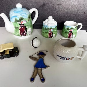 ゴルフコレクション ティーポット、クリーマー、シュガー、シニア PGA マグ、ゴルフカート、ステンドグラス