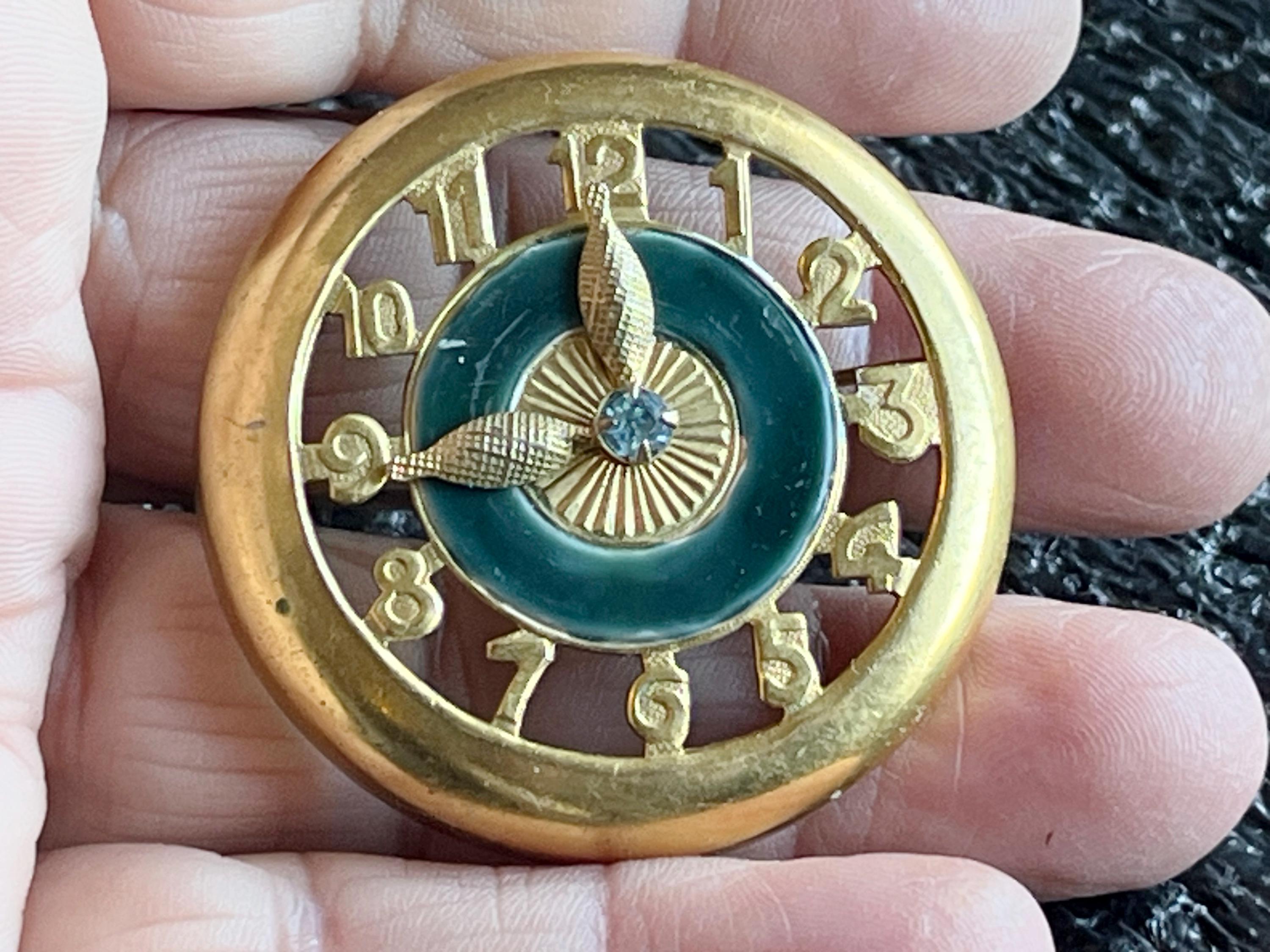 Clock Brooch Pin Vintage Sandor Rhinestone Enamel     H745