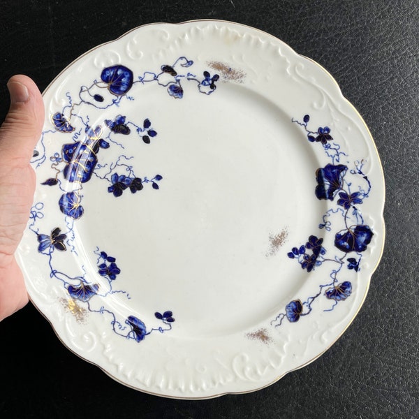 O P Co Syracuse 10” Plates Deep Blue and Gold Trimmed Vines Six Plates Dragon Backstamp  (GSBII)