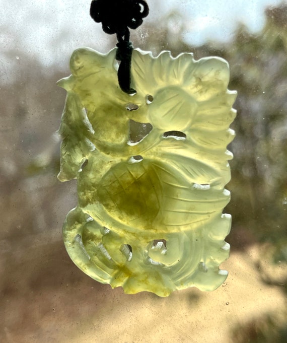 Antique Translucent Flower / Fish Jade Pendant En… - image 2