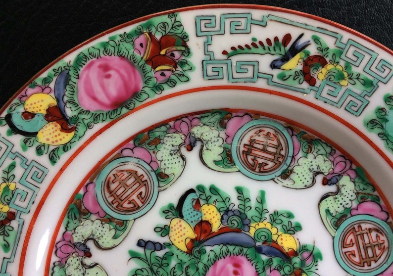 Rose Canton hand painted Vintage side plates 8 18\u201d lots of gold work very special and attractive gold medallion