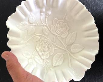 Imperial Glass Satin Milk Glass Ruffled Edge Embossed Footed Rose Bowl