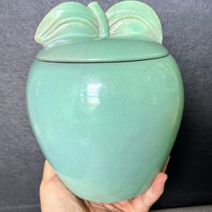 May include: A light green ceramic jar shaped like an apple with a smooth, glossy finish. The lid features a sculpted stem and two leaves on top, matching the body of the jar. The container has a rounded, bulbous form and a consistent minty green color.