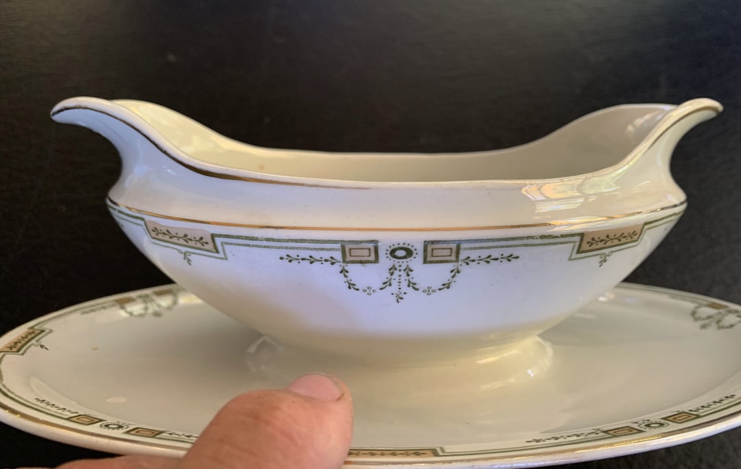 Gravy Boat Art Deco on Attached Underplate Two Sided Antique W H
