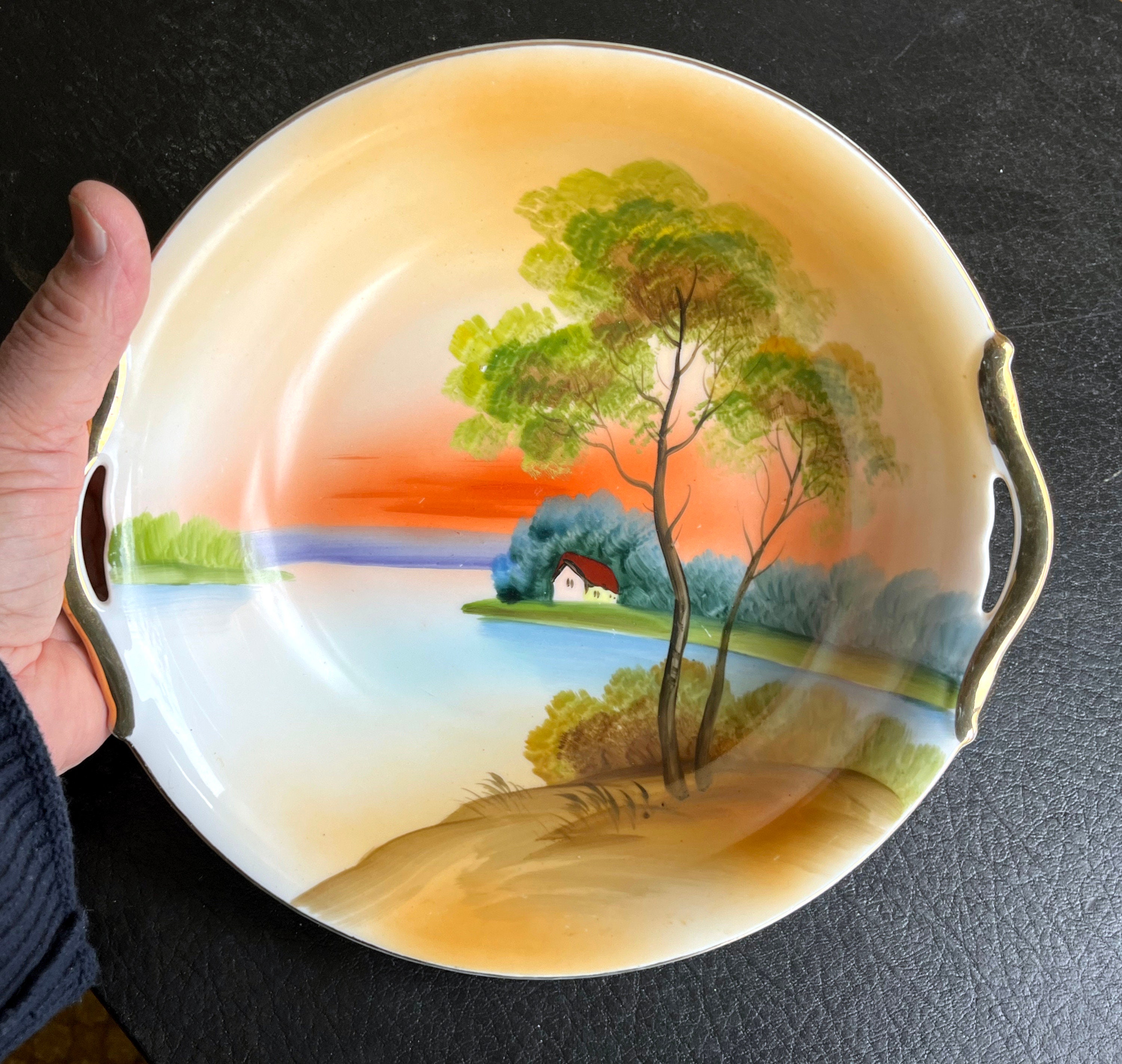 明治期里帰りノリタケM-JAPAN印 HANDPAINTED 湖夕焼け風景花瓶 ノリタケ オールドノリタケ 夕焼湖畔風景絵 花瓶 27cm : アンティーク