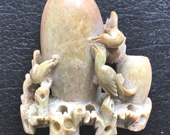 Antique Hand Carved Beige Bird Feeding Young Soapstone Chinese Vase Floral Sculpture
