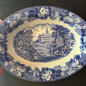 Enoch Woods English Scenery Woods Ware Blue Oval Serving Dish      CRT2