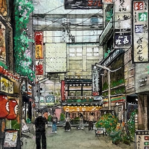 ORIGINAL Tokyo Streets AQUARELL A6 Postkarte Kunst Geschenk