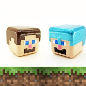 May include: Two small, block-shaped figures with pixelated faces. One figure has brown hair and the other has blue hair. Both figures have blue eyes, a pink nose, and a black mustache.