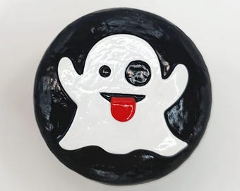 Cute Ghost Emoji Cabinet Knob | Black & White Silly Ghost Pull | Halloween Fun Hardware