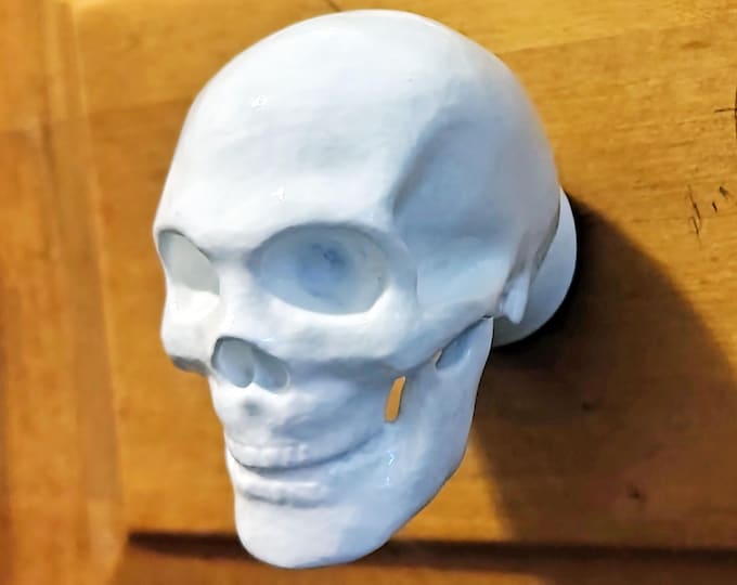 Featured listing image: Human Skull Pull Knob, Gothic White Skeleton Cabinet Hardware, Realistic Bone Decor, Handmade Resin Furniture Gift
