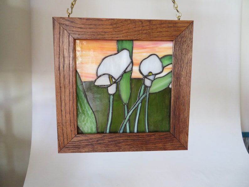 Stained Glass Original White Calla Lilly Design Flower Framed Panel 9.5 x 9.75 inches