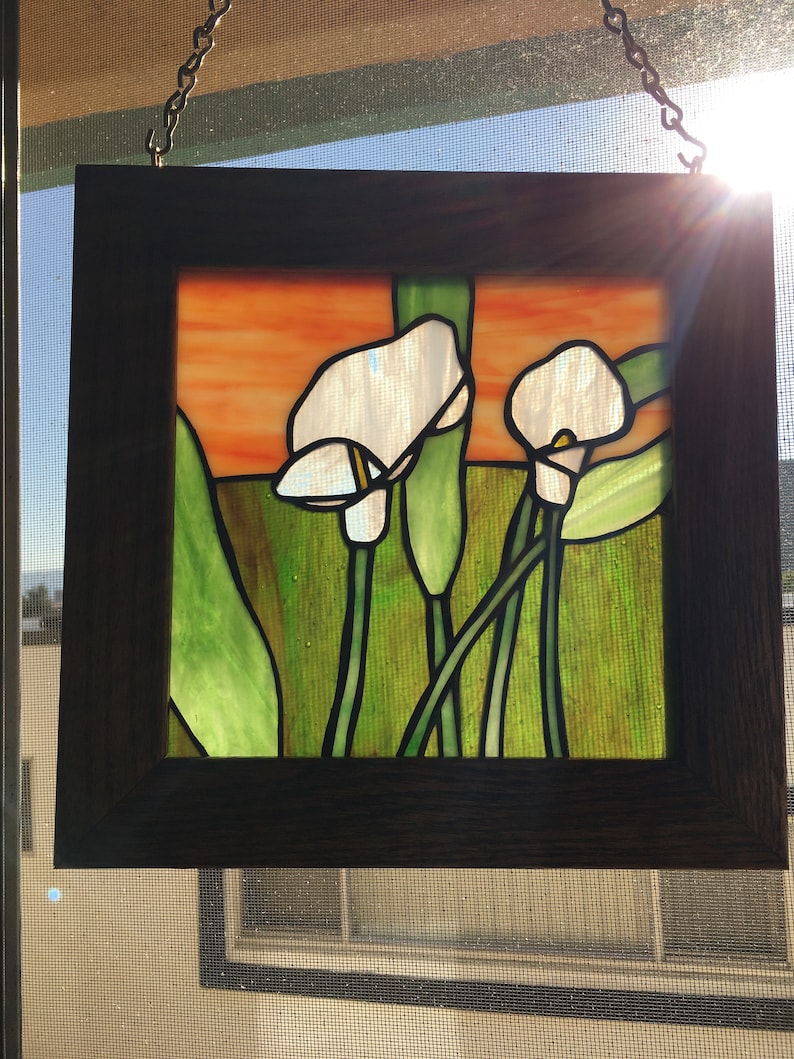 Stained Glass Original White Calla Lilly Design Flower Framed Panel 9.5 x 9.75 inches