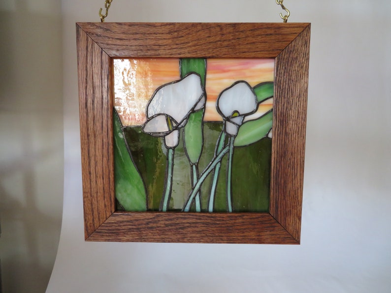 Stained Glass Original White Calla Lilly Design Flower Framed Panel 9.5 x 9.75 inches