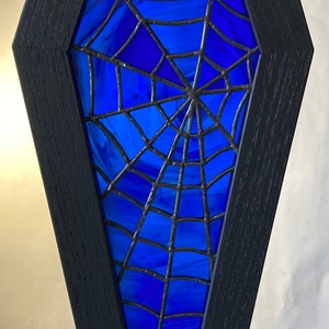 Stained Glass Spiderweb Original Design Coffin Framed Panel approx. 14 1/2 x 8 1/2 inches blue