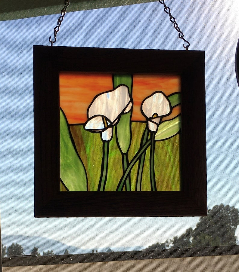 Stained Glass Original White Calla Lilly Design Flower Framed Panel 9.5 x 9.75 inches