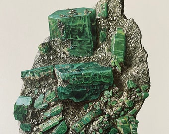 BERYL EMERALD mineral print. Antique and vintage natural sciences and geology print. Gemstone illustration and wallart from 1960s