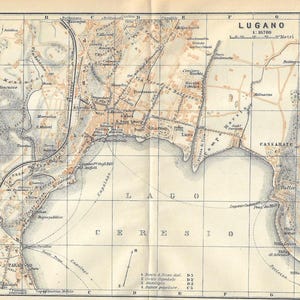 Vintage reisgids lugano zwitserland stadskaart print uit 1907