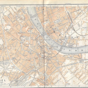 Guia de viagem vintage, impressão do mapa da cidade de Basileia, Suíça, de 1907