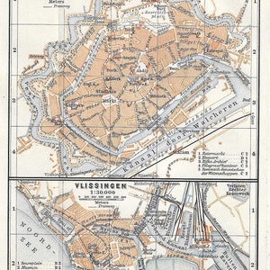Vintage reisgidsafdruk stadsplattegronden MIDDELBURG/VLISSINGEN NEDERLAND uit 1907