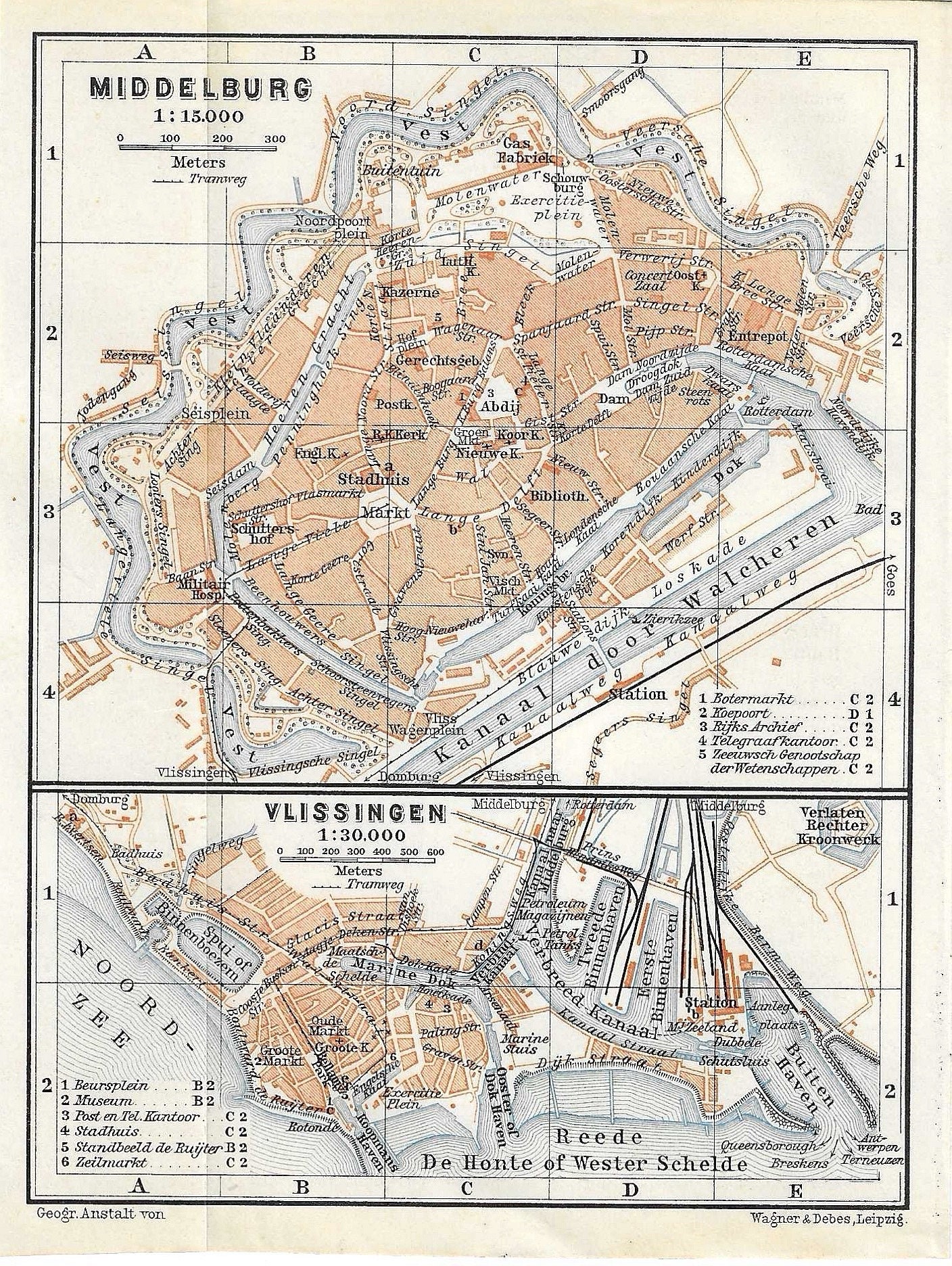 Vintage travel guide print MIDDELBURG/VLISSINGEN NETHERLANDS city maps from 1907