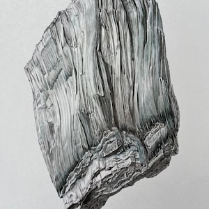 Könnte beinhalten: Nahaufnahme eines grauen und schwarzen Steins mit einer geschichteten, gestreiften Textur. Der Stein ist mit "Antigorite - Chrysotile" und "19C 67" beschriftet.