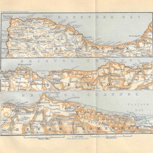 Vintage reisgidsafdruk DEVON VERENIGD KONINKRIJK kustlijnkaart uit 1906