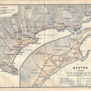 Guia de viagem vintage, impressão, mapa da baía da Riviera Francesa de 1907