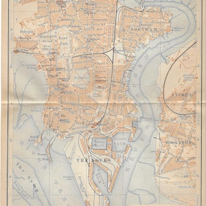 Impresión de guía de viaje antigua: mapa de la ciudad de Southampton, Reino Unido, de 1907