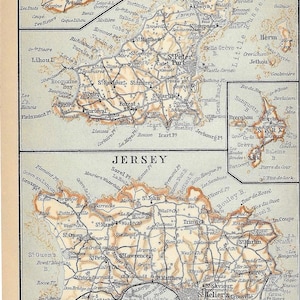 Guia de viagem vintage, impressão de mapa das ilhas do canal, jersey, guernsey e alderney, de 1902