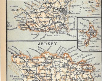 Vintage travel guide print channel islands jersey, guernsey and alderney map from 1902
