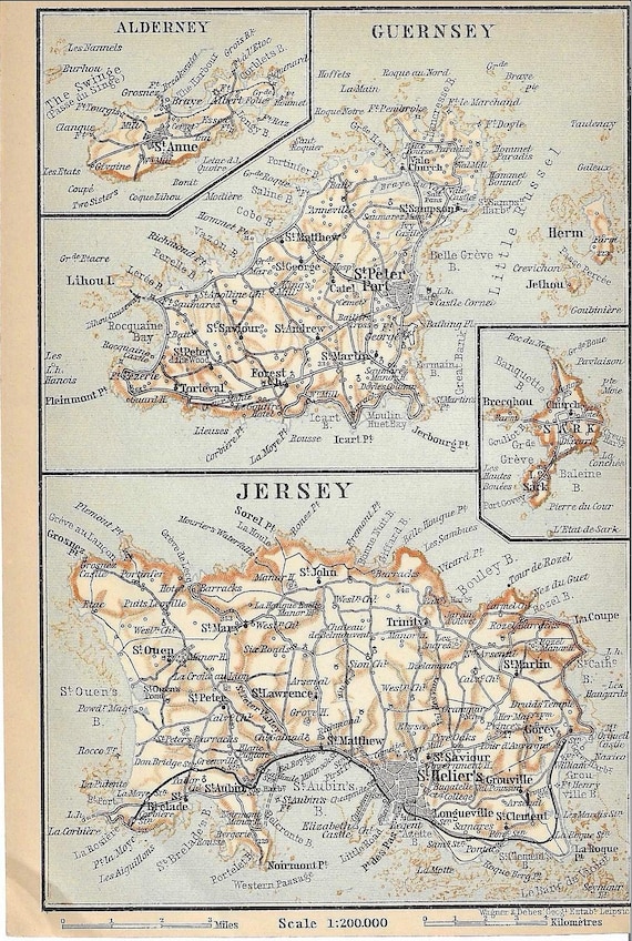 Vintage travel guide print channel islands jersey, guernsey and alderney  map from 1902