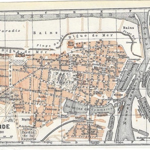 Guia de viagem vintage, impressão do mapa da cidade de OSTEND BÉLGICA de 1910