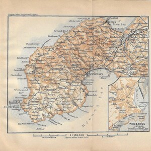 Vintage reisgids print penzance Verenigd Koninkrijk gebiedskaart uit 1906