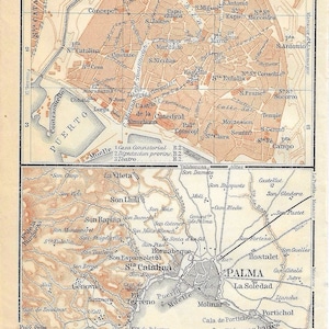 Guia de viagem vintage, impressão, mapa da cidade de PALMA MALLORCA ESPANHA de 1908