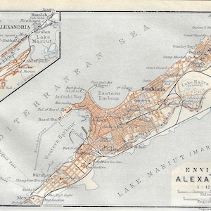 Guia de viagem vintage, impressão, mapa da área de Alexandria, Egito, de 1928