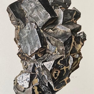 May include: A close-up of a large, dark gray, crystalline mineral specimen with a rough, textured surface. The mineral is known as galena, a lead sulfide.