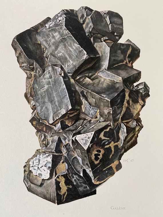 Vintage Galena Mineral Print, 1960s Geology Wall Art