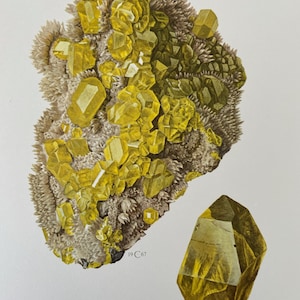 May include: A vintage illustration of sulfur crystals. The image features a cluster of yellow crystals with a rough, textured base, and a single, larger crystal. The word "SOUFRE" is printed at the bottom.