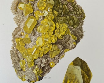 May include: A vintage illustration of sulfur crystals. The image features a cluster of yellow crystals with a rough, textured base, and a single, larger crystal. The word "SOUFRE" is printed at the bottom.
