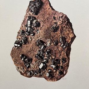 Cassiterite mineral print. antique and vintage geology gemstone lithograph. natural history retro poster from 1960s