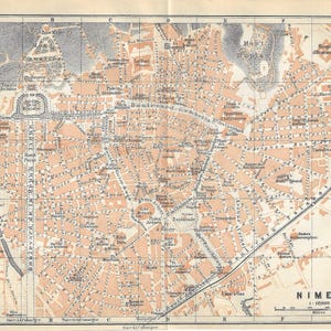 Vintage stadskaart met reisgids print nimes frankrijk uit 1907